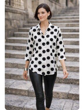 Chico's Black & White Polka Dot Cotton Swiss Dot Button Front Blouse Sz 1